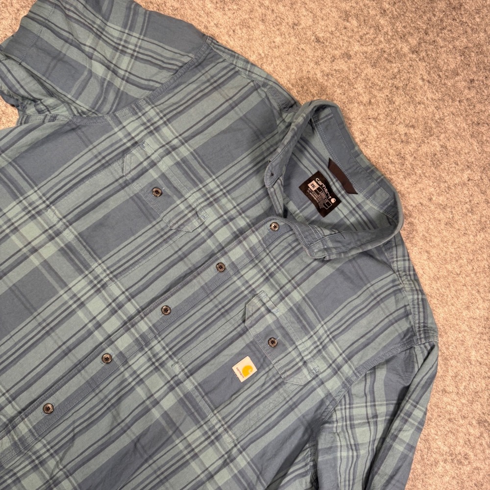 Carhartt Mens 2XL Loose Fit Short Sleeve Plaid Button Down Shirt Blue TW4625-M